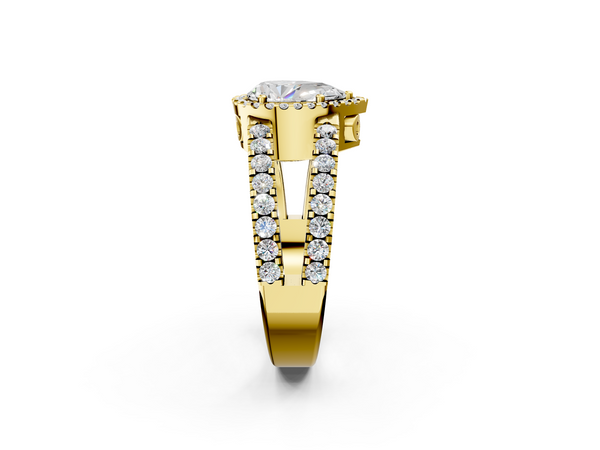 Yellow gold Pear Cut Halo Split Shank Diamond Ring with Four-Prong Setting