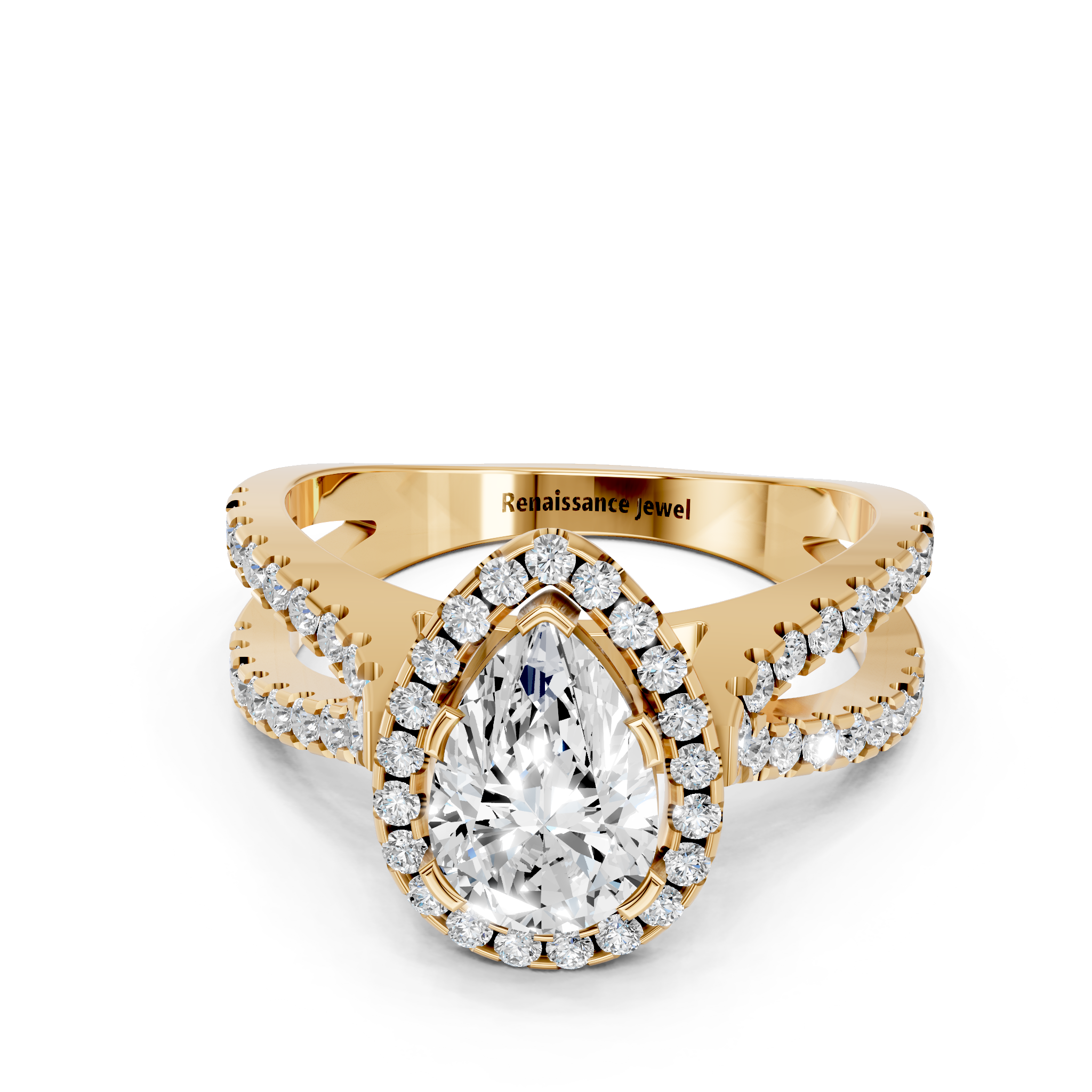 Yellow gold Pear Cut Halo Split Shank Pave Set Ring_37