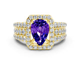 Yellow gold Pear Cut Halo Tanzanite Ring with Split Shank and Four-Prong Setting