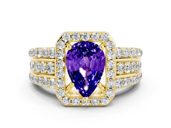 Yellow gold Pear Cut Halo Tanzanite Ring with Round  Split Shank and Prong Setting