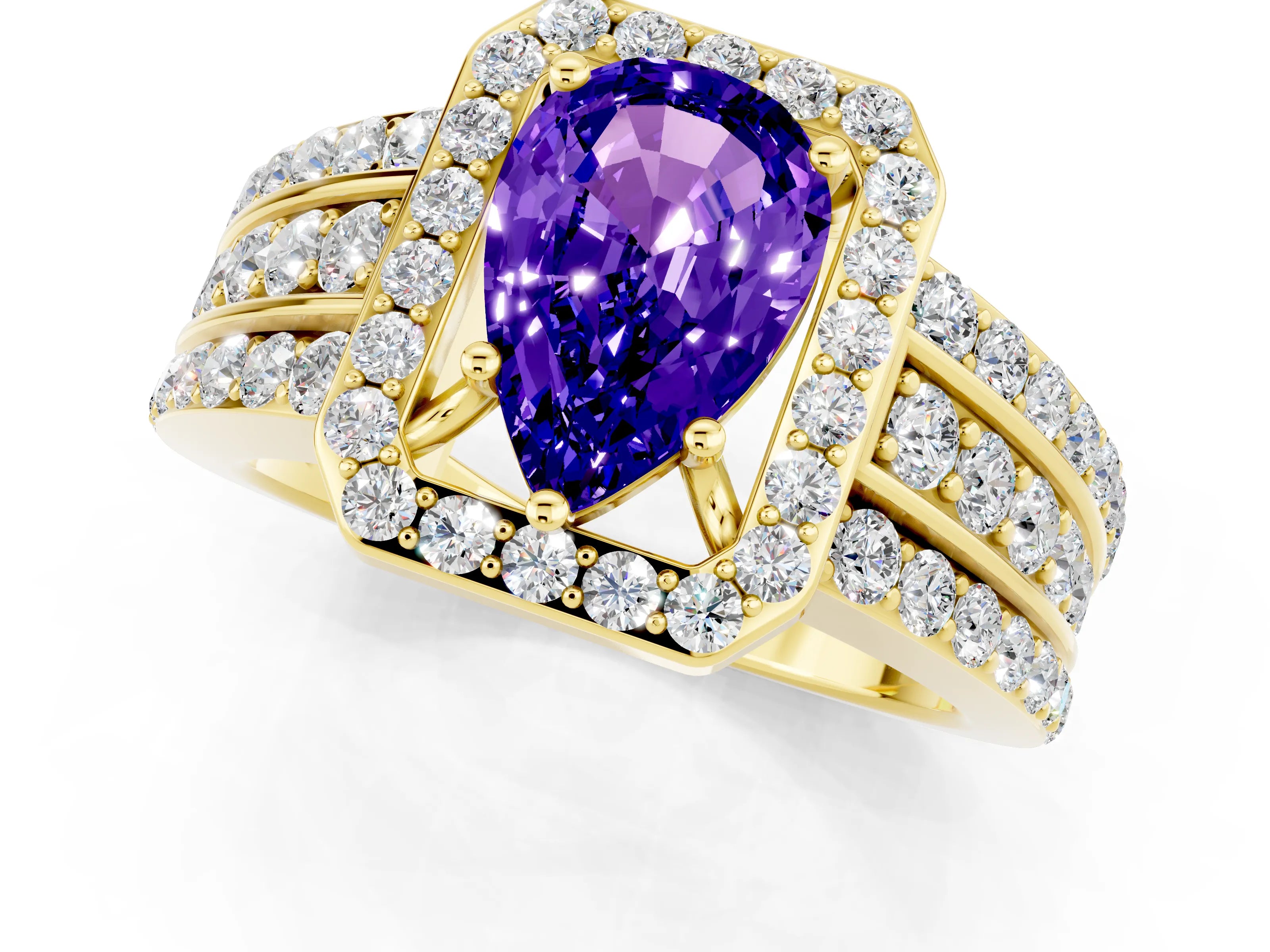 Yellow gold Pear Cut Halo Tanzanite Ring with Split Shank and Four-Prong Setting_1