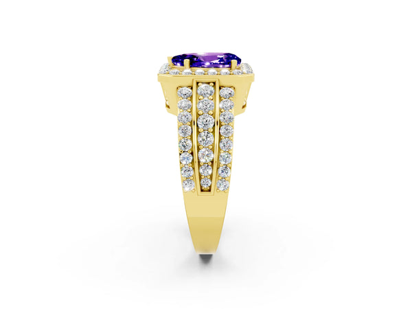 Yellow gold Pear Cut Halo Tanzanite Ring with Round  Split Shank and Prong Setting
