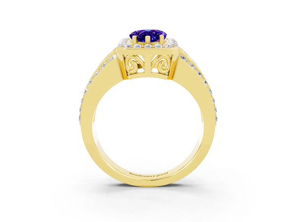 Yellow gold Pear Cut Halo Tanzanite Ring with Round  Split Shank and Prong Setting