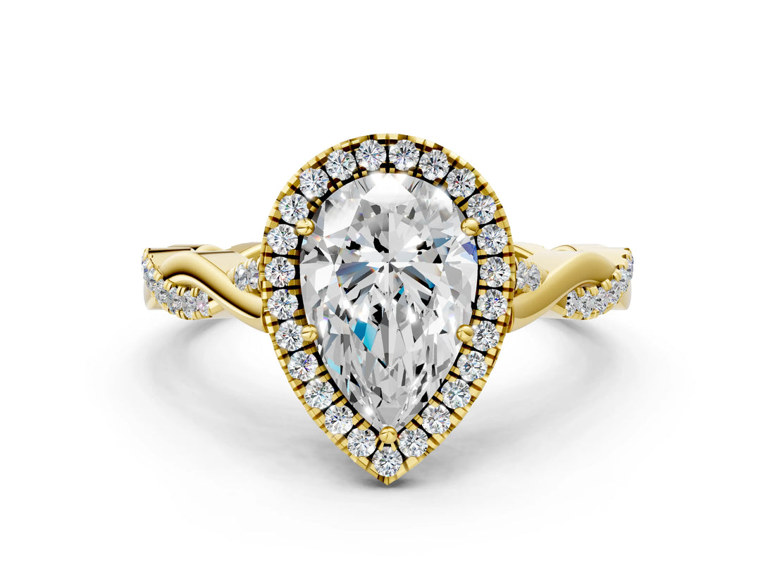 Yellow gold Pear Cut Halo Twist Band with Four-Prong Setting_3