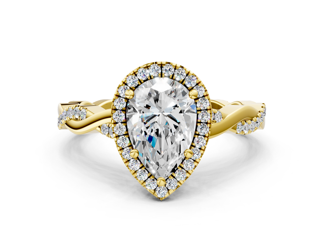 Yellow gold Pear Cut Halo Twisted Band Four-Prong Ring_32