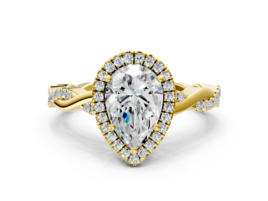 Yellow gold Pear Cut Halo Twisted Band Four-Prong Ring
