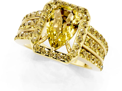 Yellow gold Pear Cut Halo Yellow Sapphire Ring with Split Shank and Four-Prong Setting_1