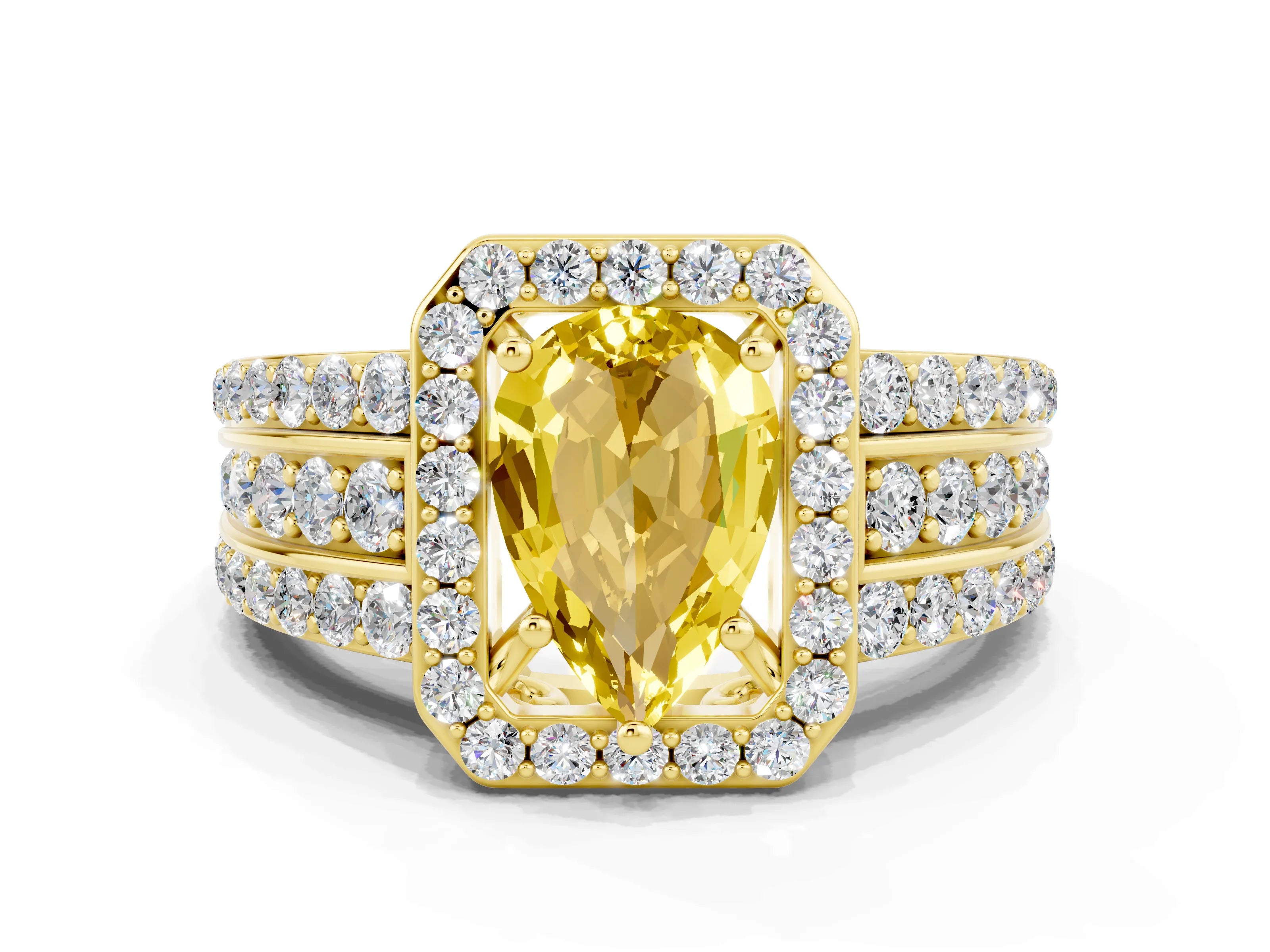 Yellow gold Pear Cut Halo Yellow Sapphire Ring with Split Shank and Four-Prong Setting_24