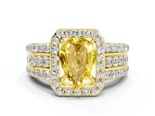 Yellow gold Pear Cut Halo Yellow Sapphire Ring with Round  Split Shank and Prong Setting