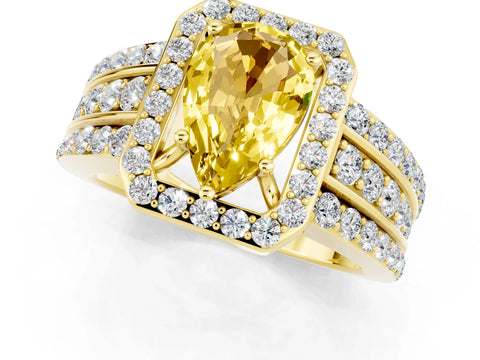 Yellow gold Pear Cut Halo Yellow Sapphire Ring with Split Shank and Four-Prong Setting_25