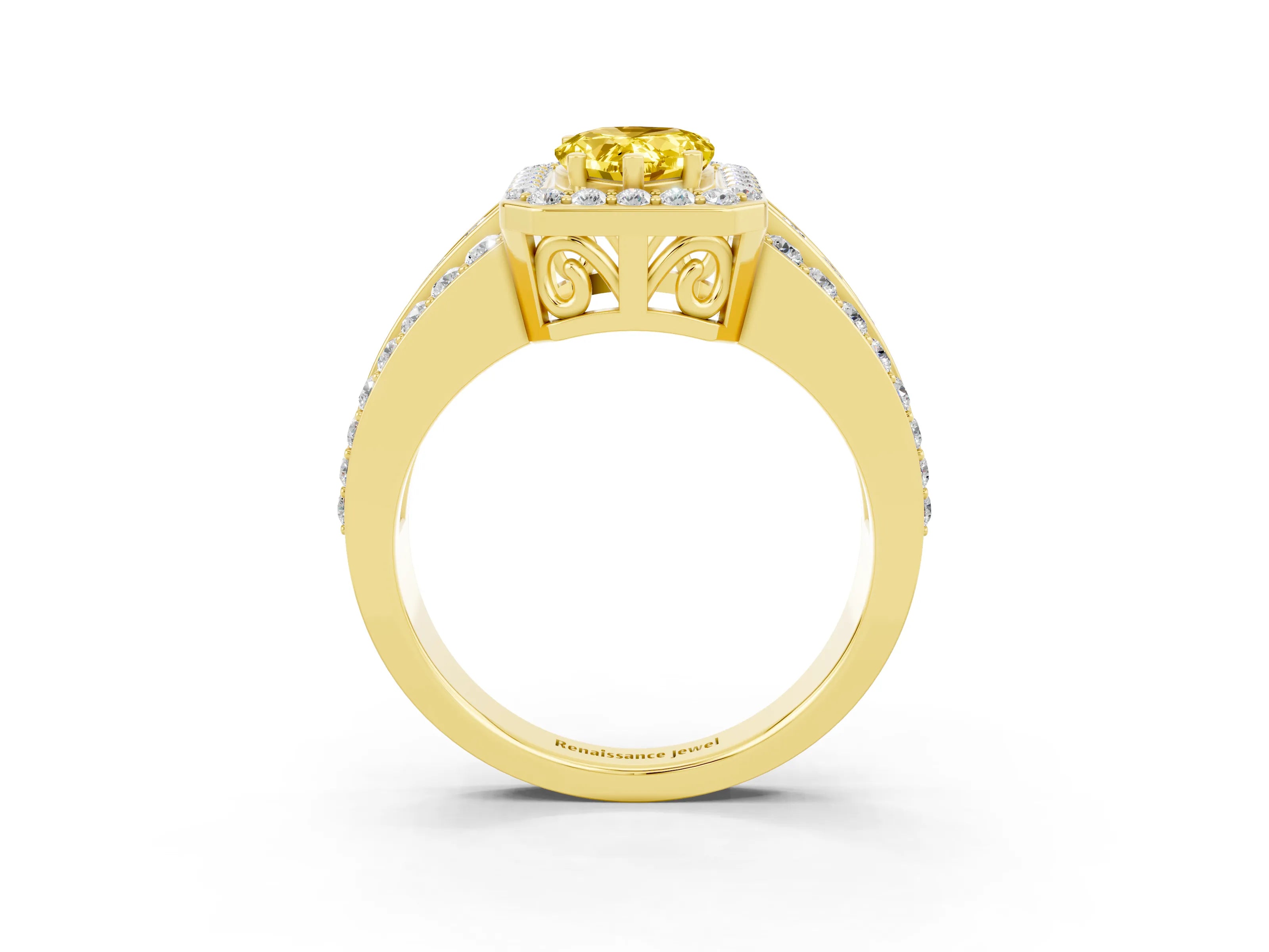 Yellow gold Pear Cut Halo Yellow Sapphire Ring with Split Shank and Four-Prong Setting_27