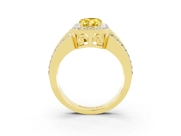 Yellow gold Pear Cut Halo Yellow Sapphire Ring with Round  Split Shank and Prong Setting