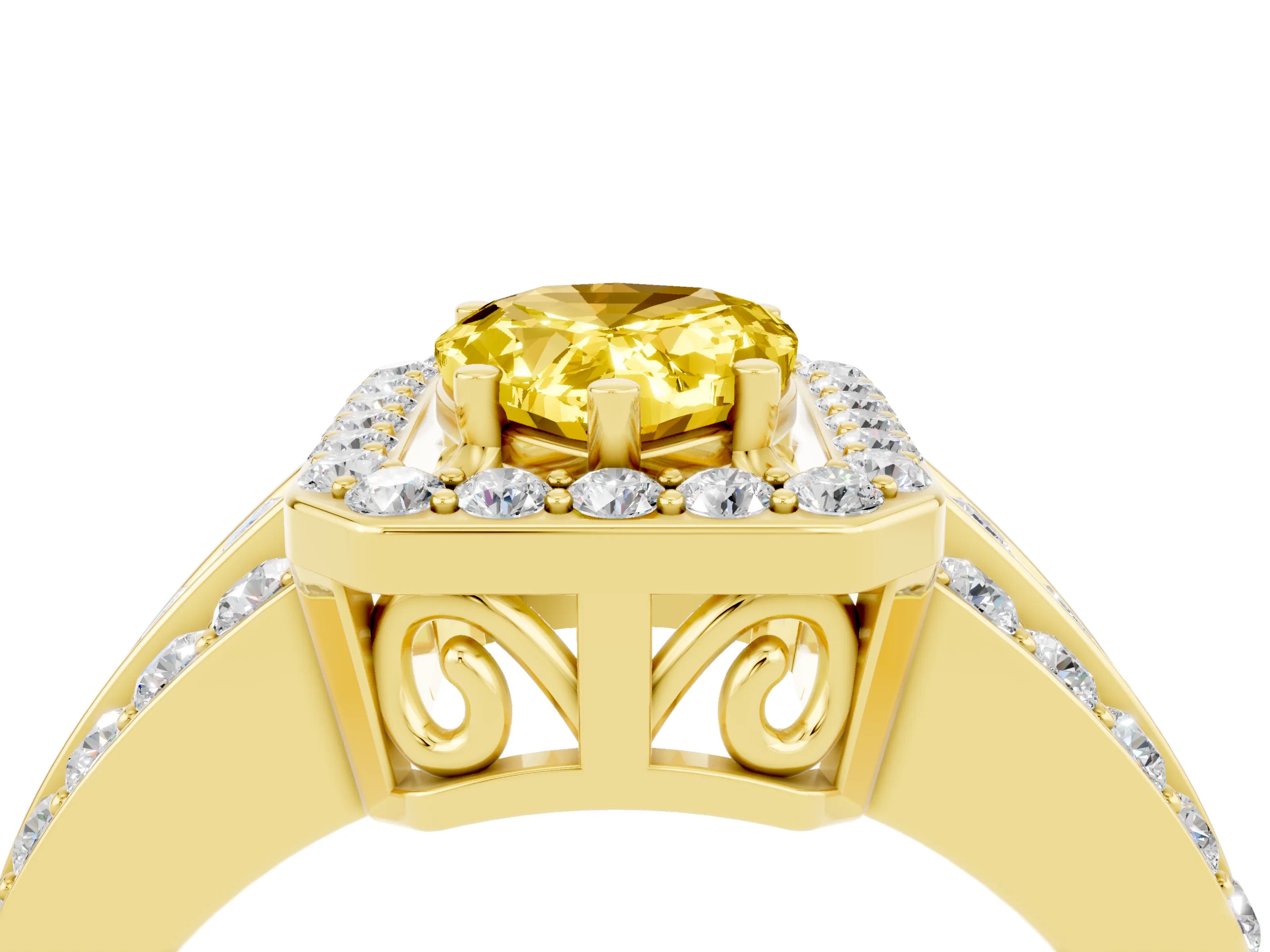 Yellow gold Pear Cut Halo Yellow Sapphire Ring with Split Shank and Four-Prong Setting_28
