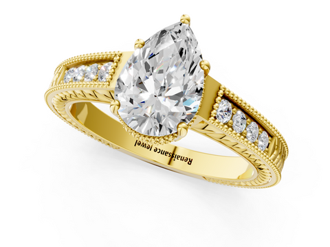 Yellow gold Pear Cut Milgrain Channel Set Engagement Ring with Solitaire Prong Setting_80