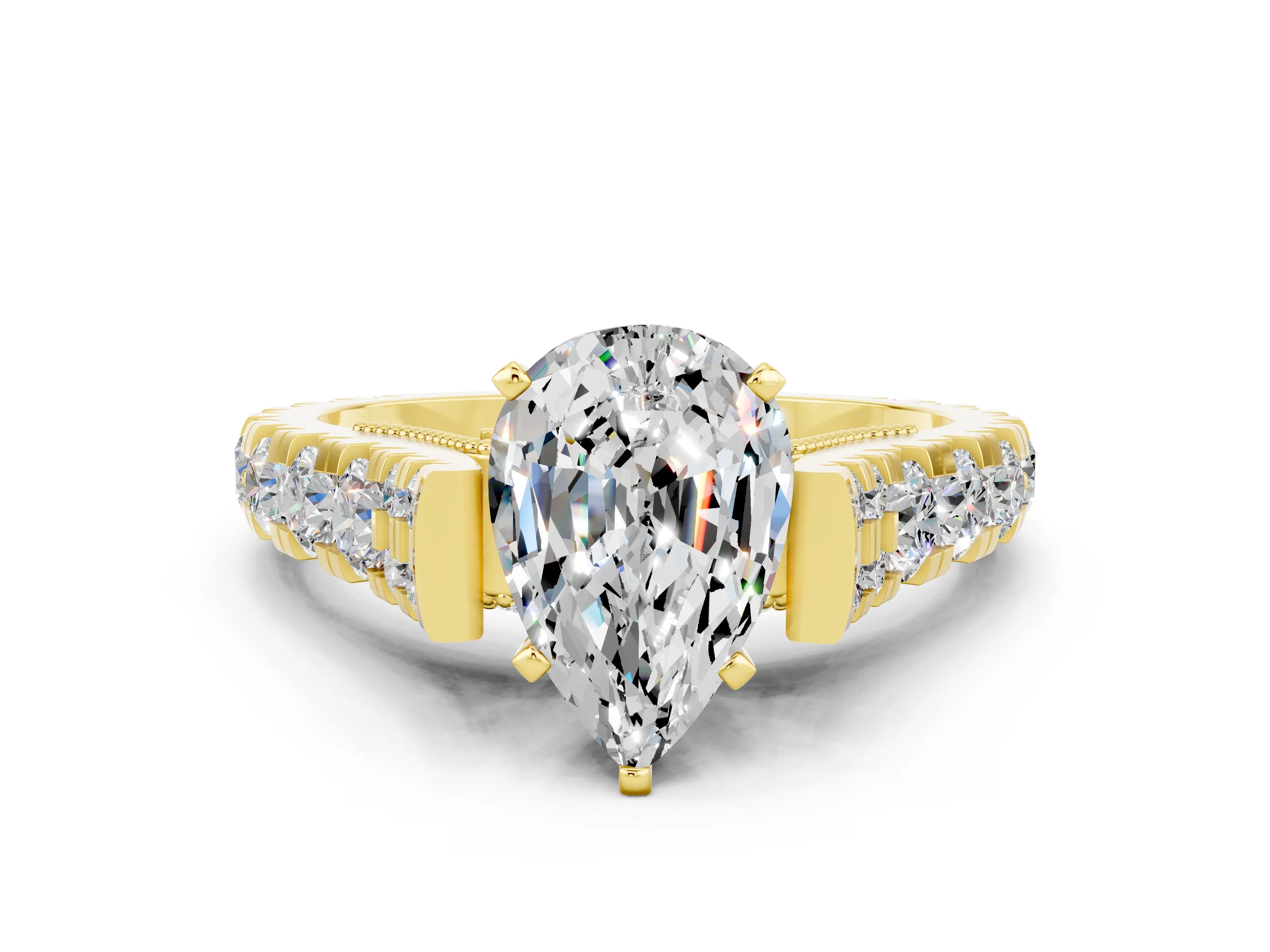 Yellow gold Pear Cut Moissanite Classic Solitaire Ring with Pavé Band and Four-Prong Setting
