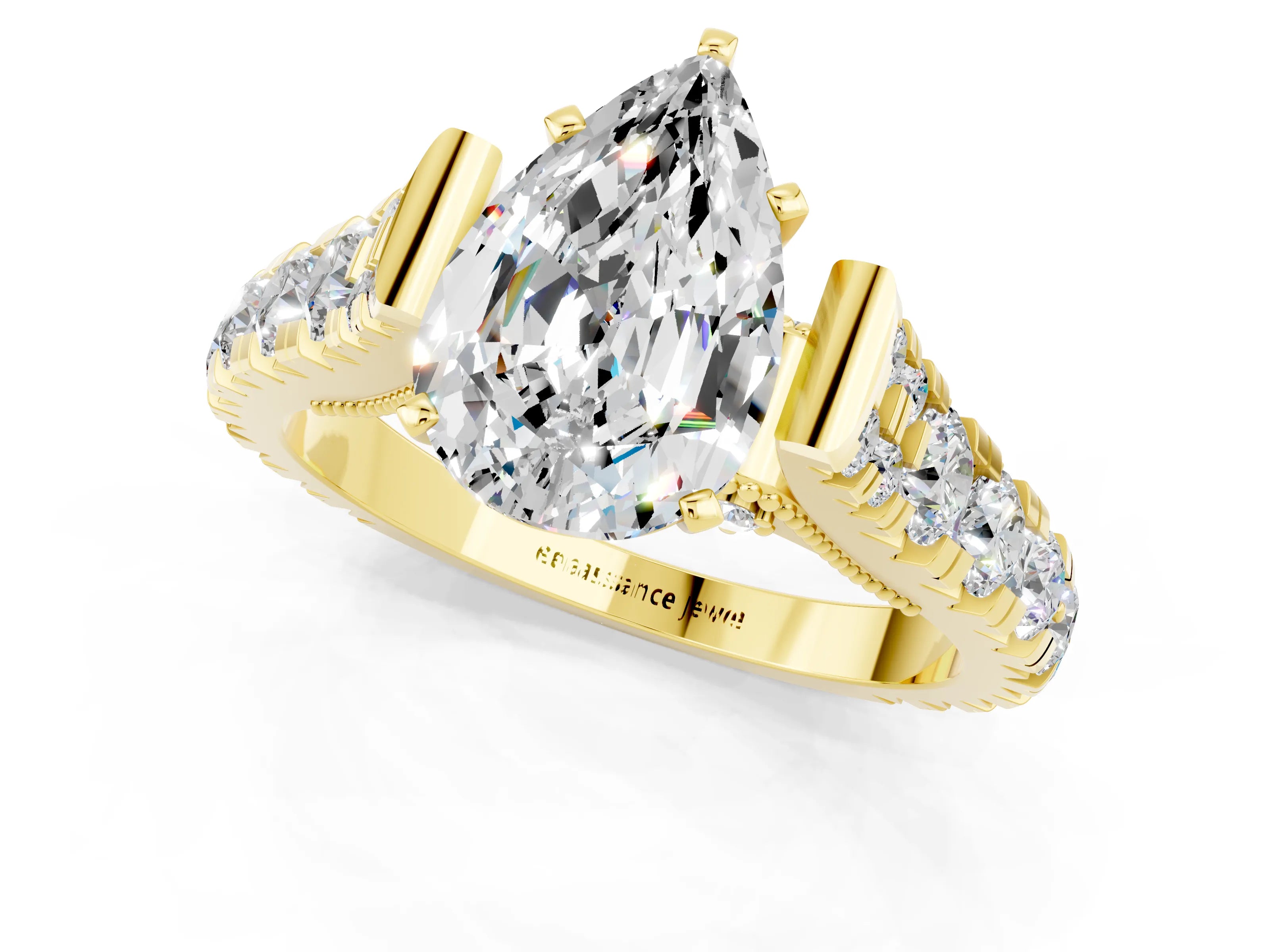 Yellow gold Pear Cut Moissanite Classic Solitaire Ring with Pavé Band and Four-Prong Setting_1