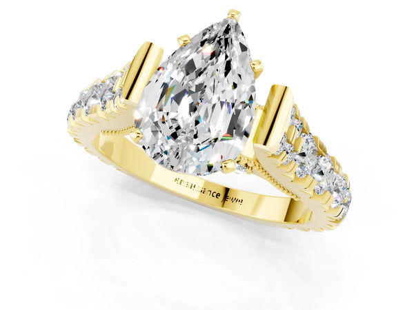 Yellow gold Pear Cut Moissanite Classic Solitaire Ring with Pavé Band and Four-Prong Setting