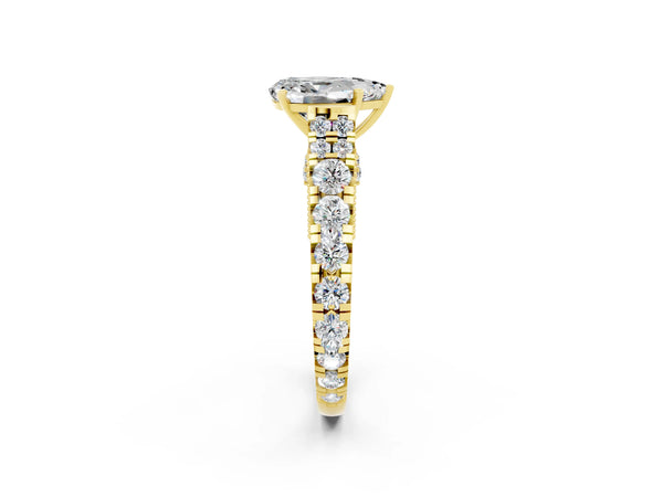 Yellow gold Pear Cut Moissanite Classic Solitaire Ring with Pavé Band and Four-Prong Setting