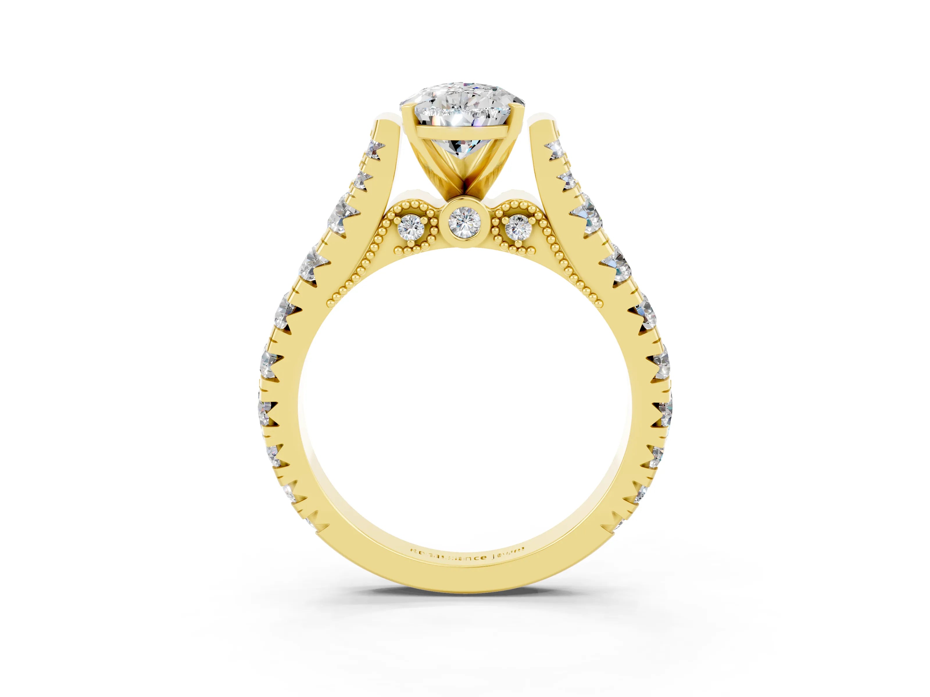 Yellow gold Pear Cut Moissanite Classic Solitaire Ring with Pavé Band and Four-Prong Setting_3