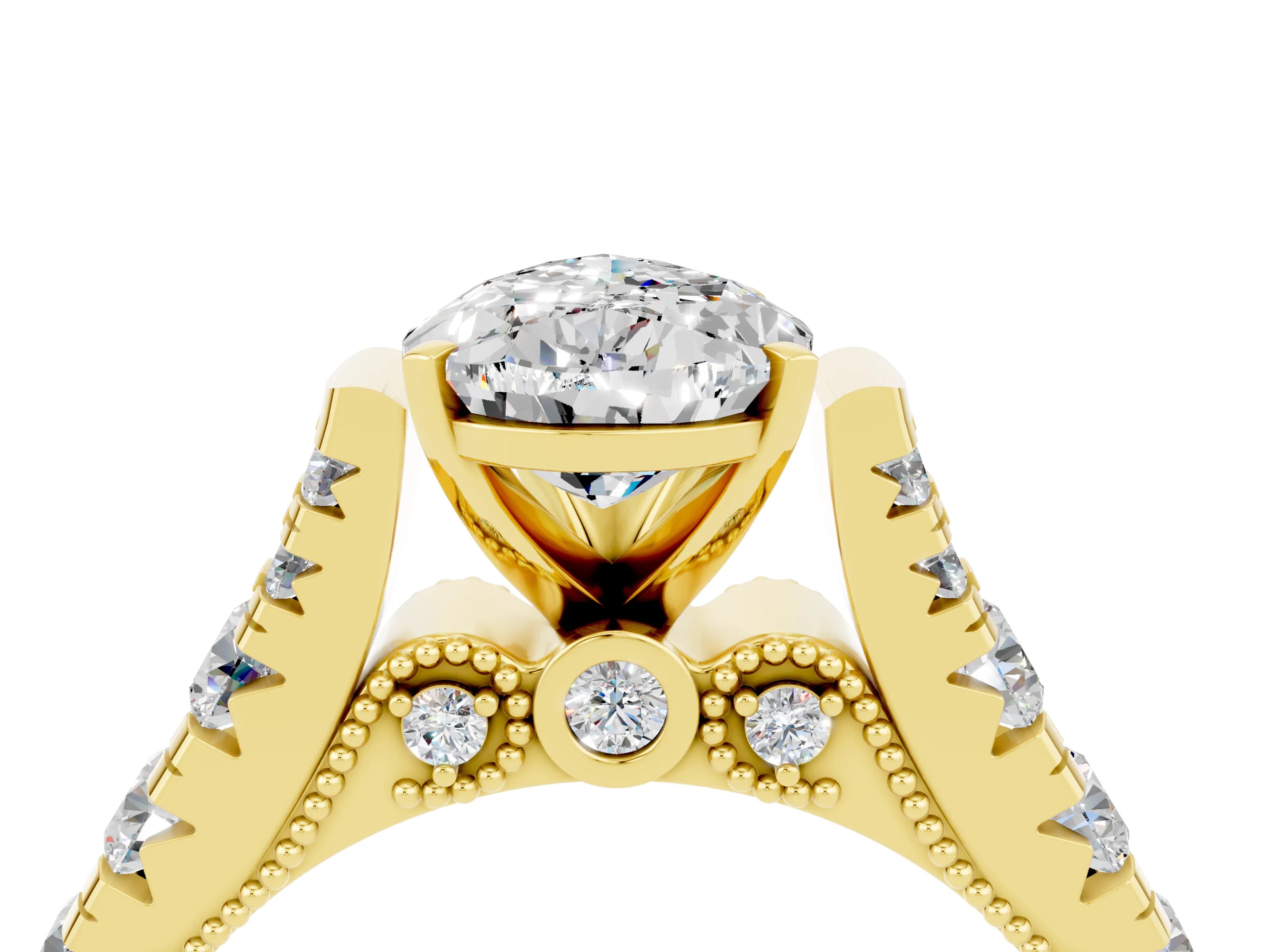 Yellow gold Pear Cut Moissanite Classic Solitaire Ring with Pavé Band and Four-Prong Setting_4