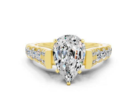 Yellow gold Pear Cut Moissanite Classic Solitaire Ring with Pavé Band and Four-Prong Setting