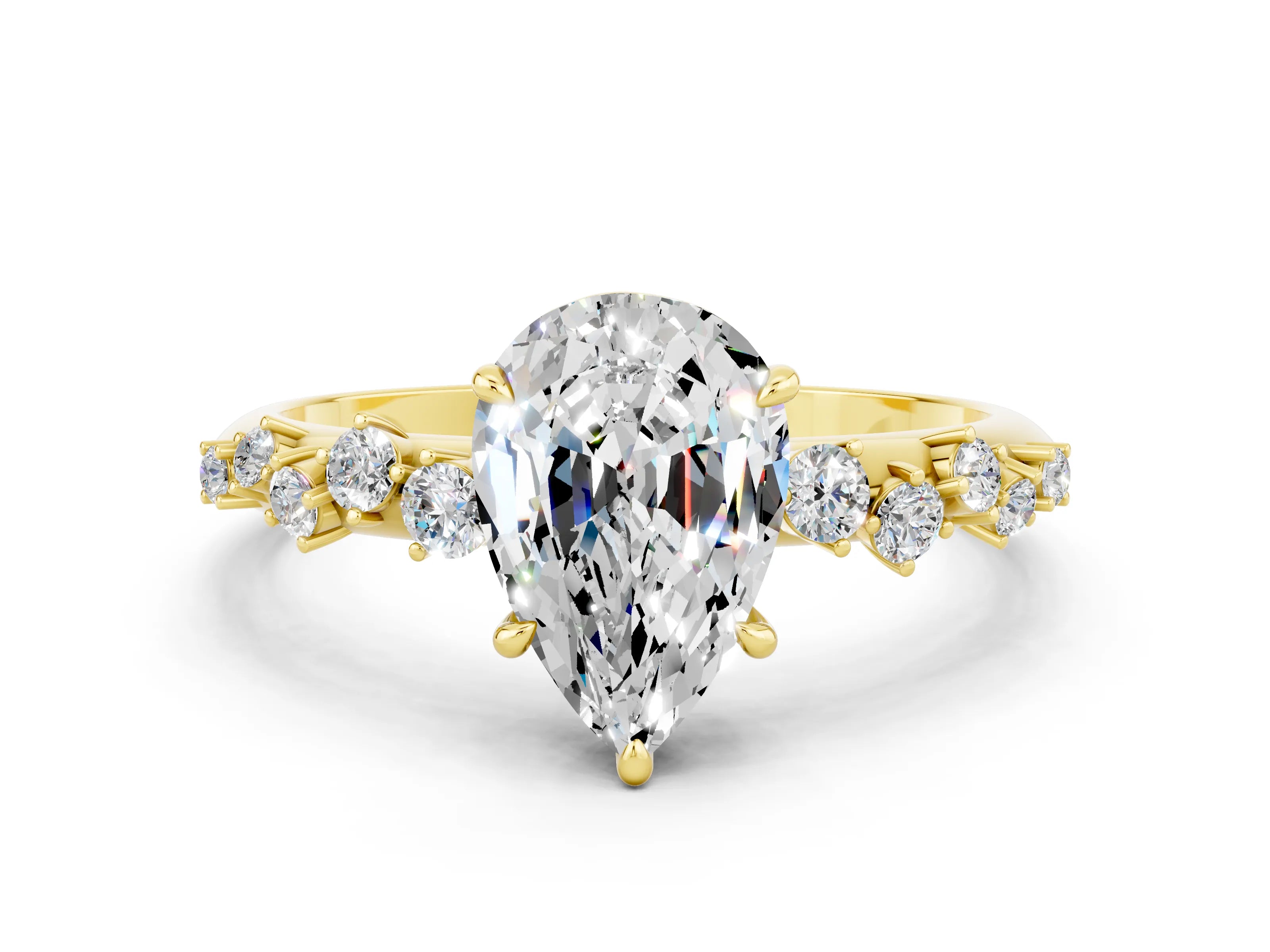 Yellow gold Pear Cut Moissanite Cluster Side Stone Solitaire Ring with Prong Setting_24
