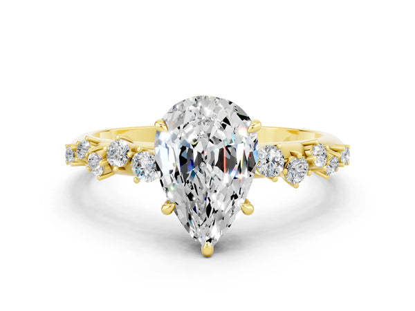 Yellow gold Pear Cut Moissanite Cluster Side Stone Solitaire Ring with Prong Setting