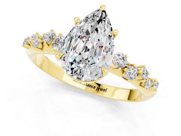 Yellow gold Pear Cut Moissanite Cluster Side Stone Solitaire Ring with Prong Setting
