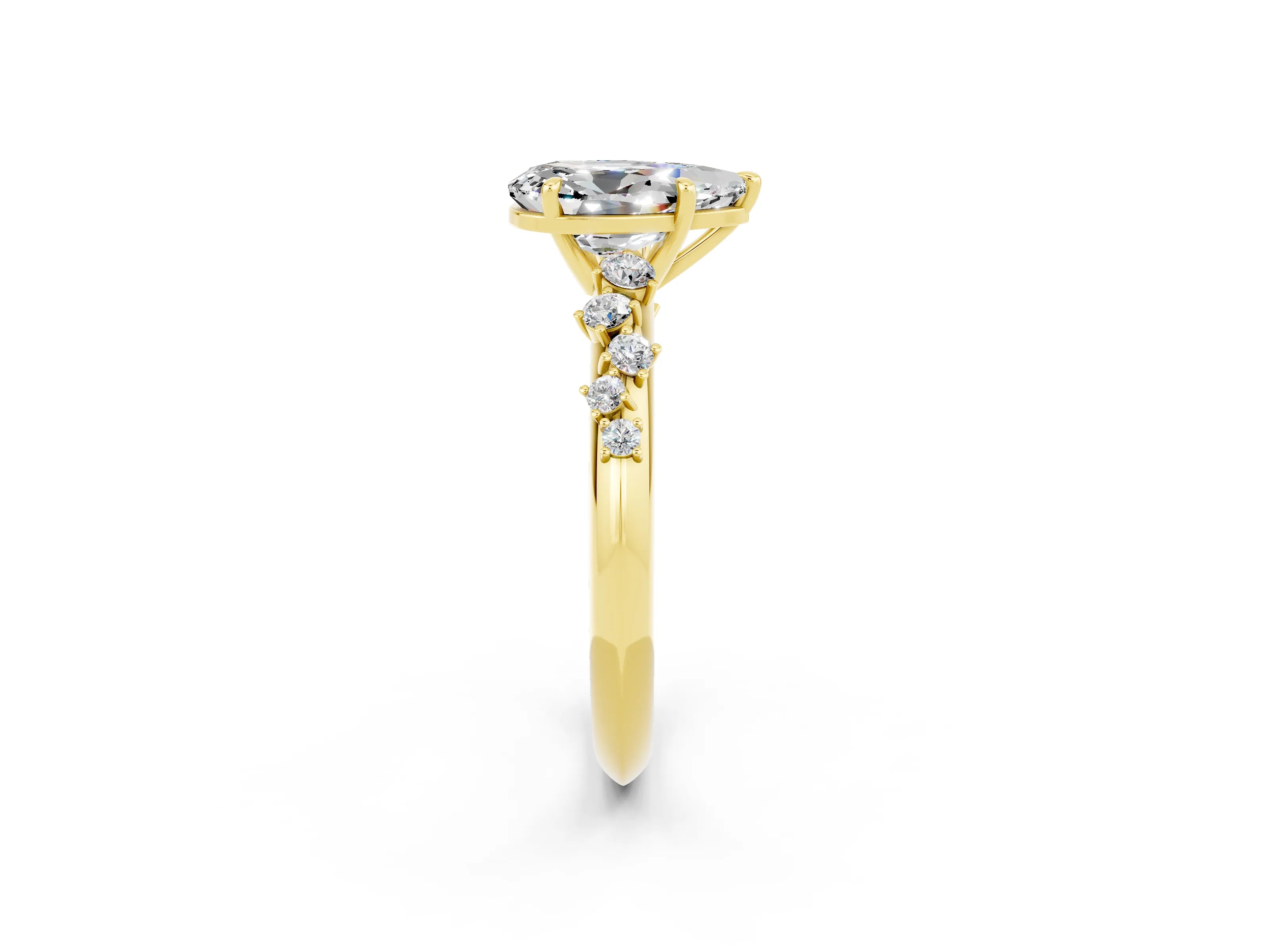 Yellow gold Pear Cut Moissanite Cluster Side Stone Solitaire Ring with Prong Setting_26