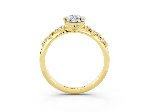 Yellow gold Pear Cut Moissanite Cluster Side Stone Solitaire Ring with Prong Setting