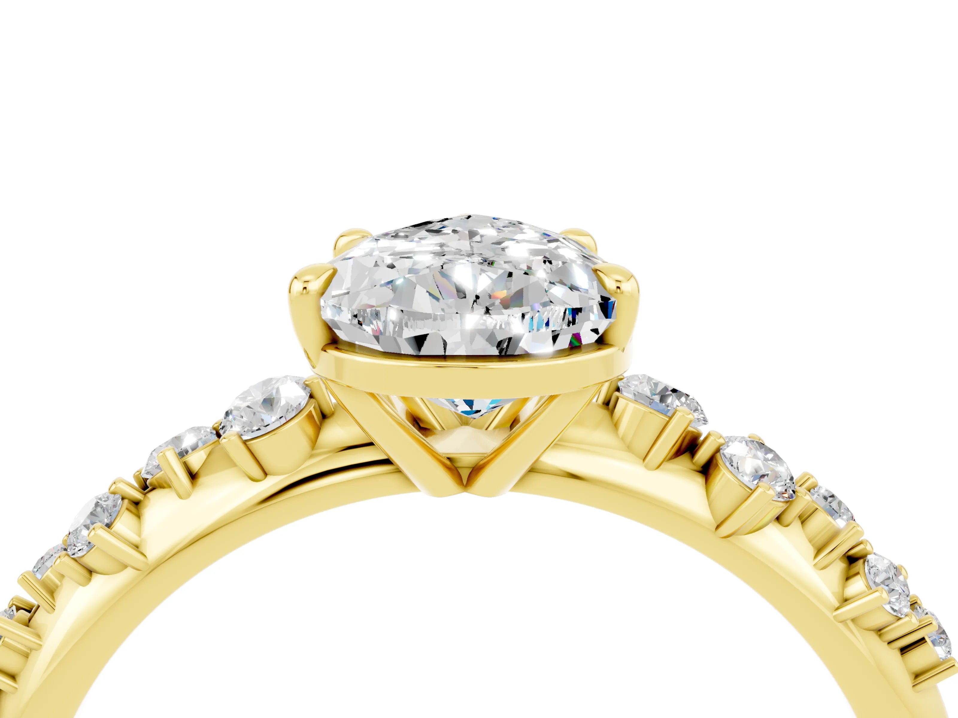 Yellow gold Pear Cut Moissanite Cluster Side Stone Solitaire Ring with Prong Setting_28