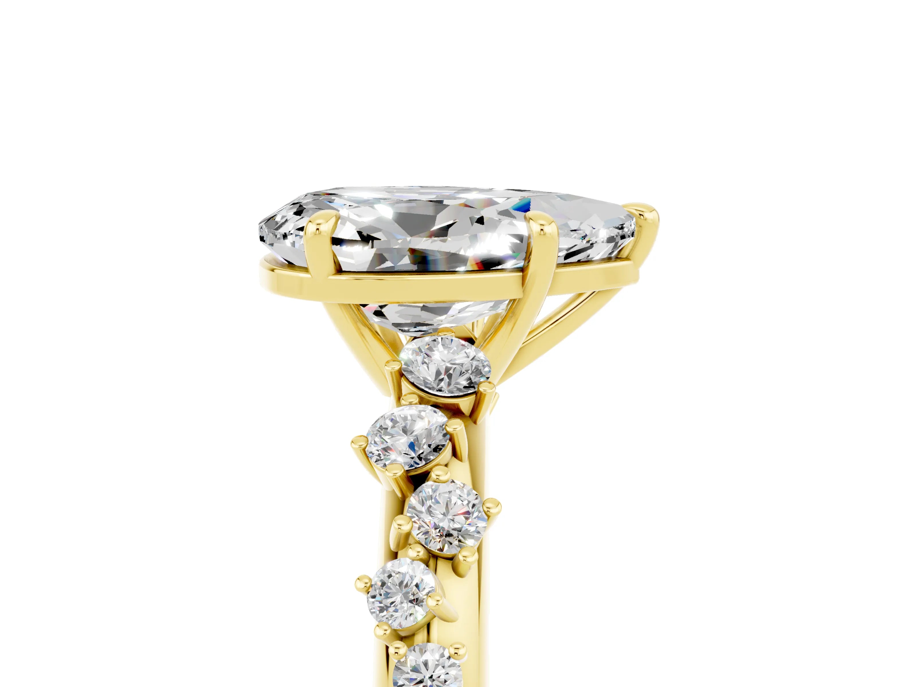 Yellow gold Pear Cut Moissanite Cluster Side Stone Solitaire Ring with Prong Setting_29