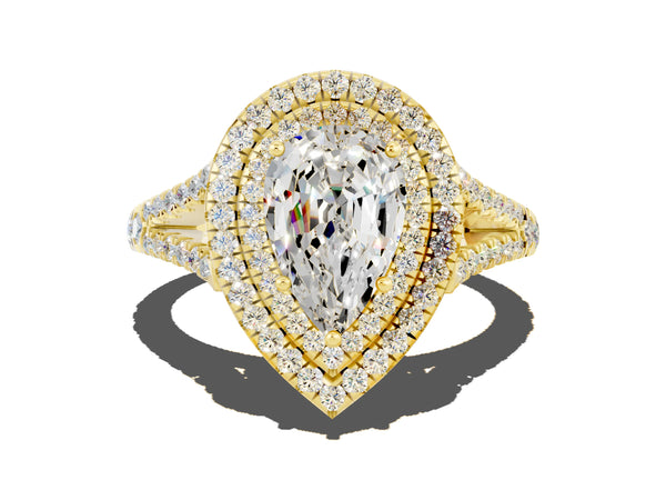 Yellow gold Pear Cut Moissanite Double Halo Ring with Pavé Band and Prong Setting