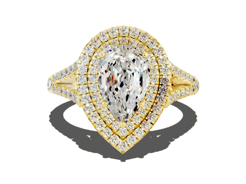 Yellow gold Pear Cut Moissanite Double Halo Ring with Pavé Band and Prong Setting_12