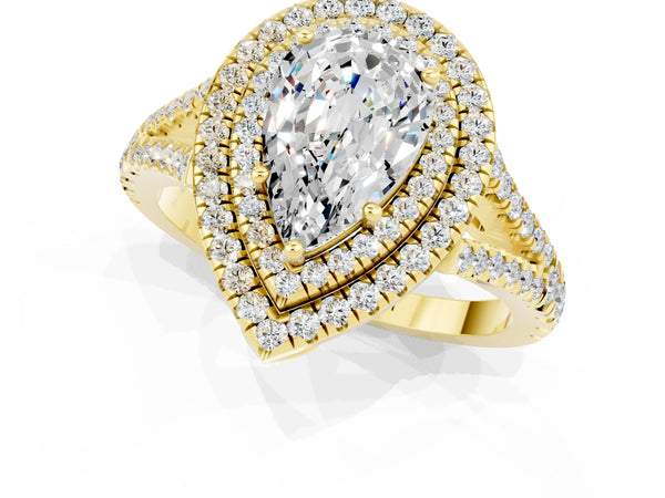 Yellow gold Pear Cut Moissanite Double Halo Ring with Pavé Band and Prong Setting