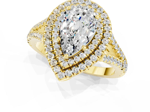 Yellow gold Pear Cut Moissanite Double Halo Ring with Pavé Band and Prong Setting_13