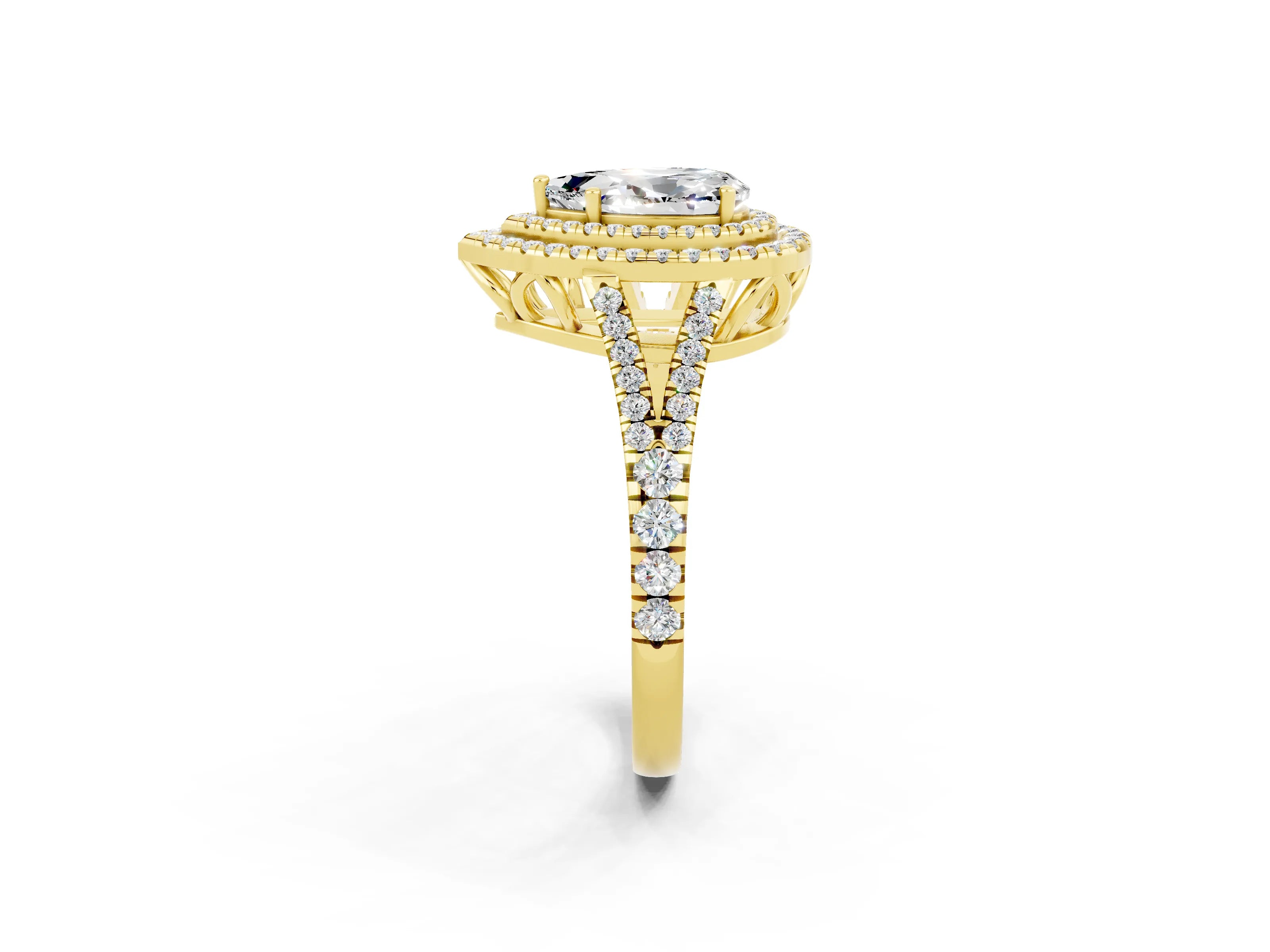 Yellow gold Pear Cut Moissanite Double Halo Ring with Pavé Band and Prong Setting_14
