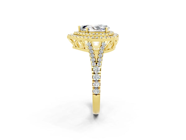Yellow gold Pear Cut Moissanite Double Halo Ring with Pavé Band and Prong Setting