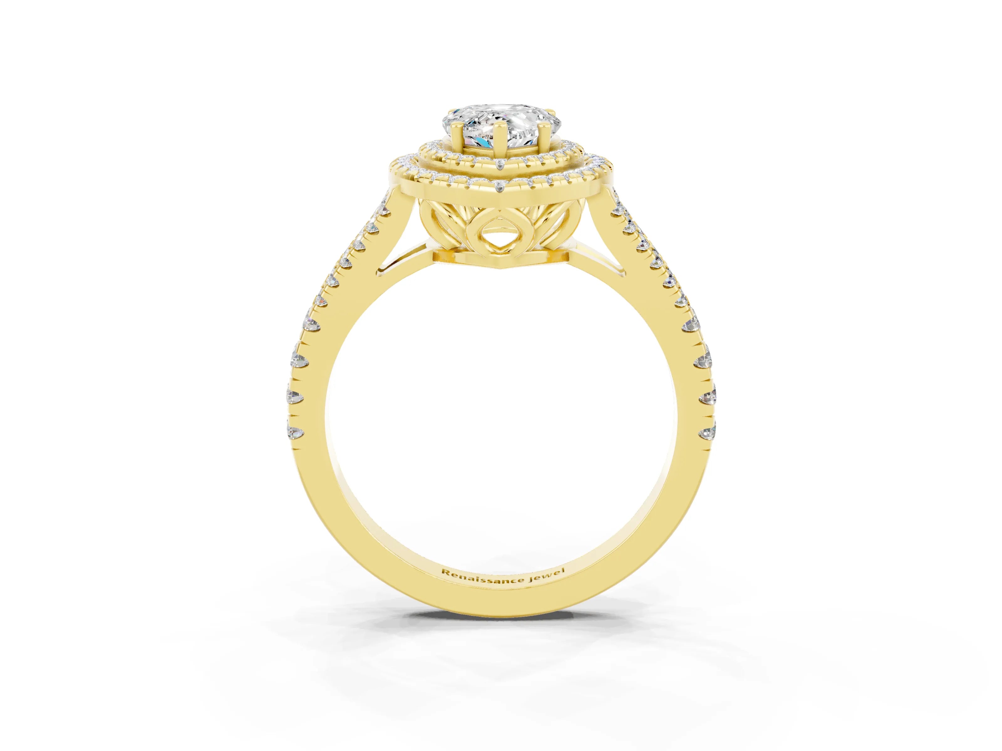Yellow gold Pear Cut Moissanite Double Halo Ring with Pavé Band and Prong Setting_15