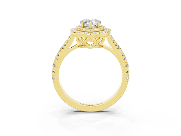 Yellow gold Pear Cut Moissanite Double Halo Ring with Pavé Band and Prong Setting