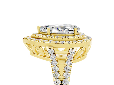 Yellow gold Pear Cut Moissanite Double Halo Ring with Pavé Band and Prong Setting_17
