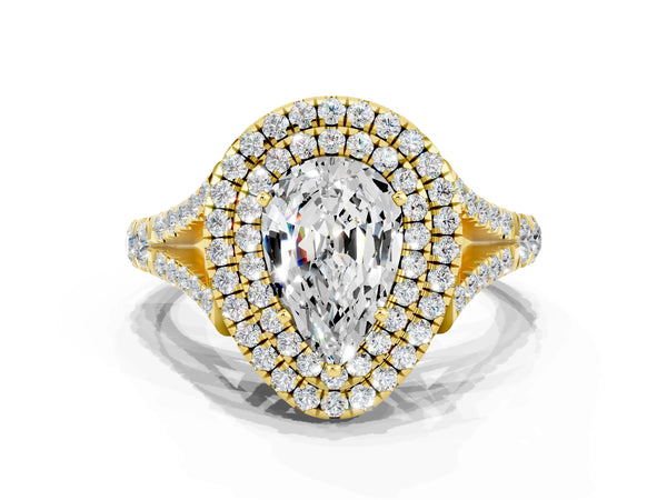 Yellow gold Pear Cut Moissanite Double Halo Ring with Split Shank and Prong Setting