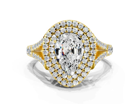 Yellow gold Pear Cut Moissanite Double Halo Ring with Split Shank and Prong Setting_12
