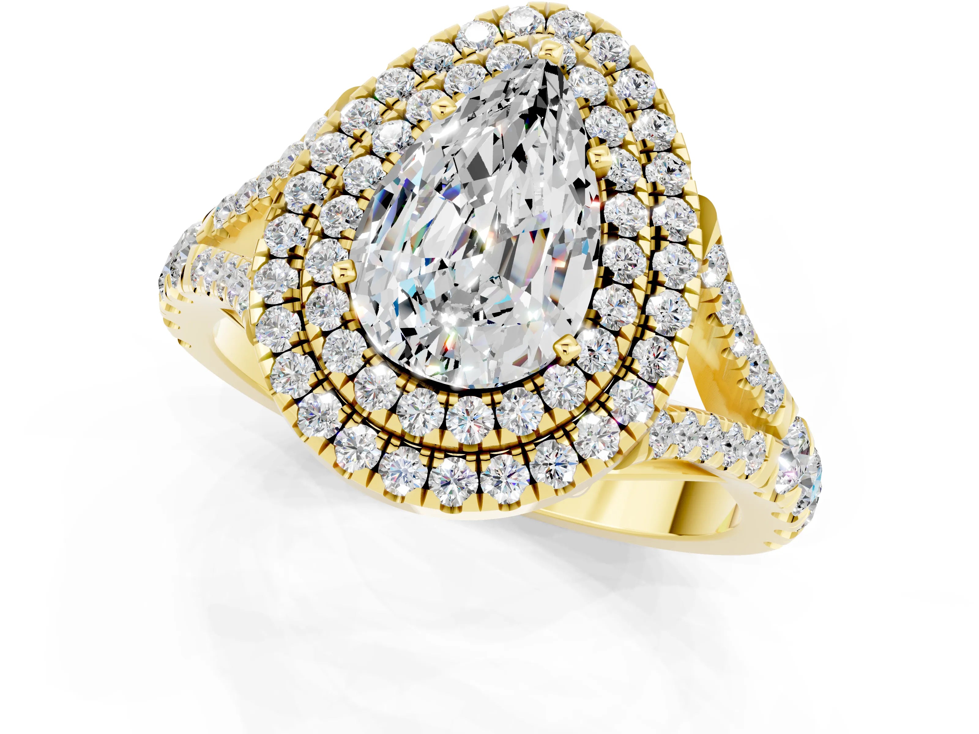 Yellow gold Pear Cut Moissanite Double Halo Ring with Split Shank and Prong Setting_13