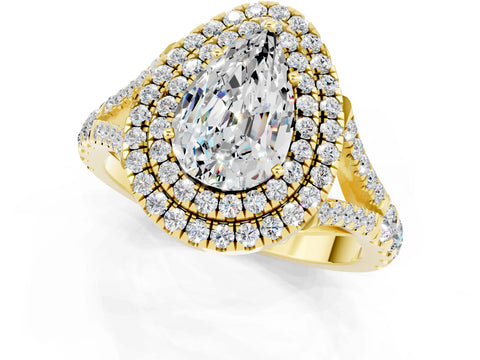 Yellow gold Pear Cut Moissanite Double Halo Ring with Split Shank and Prong Setting_13