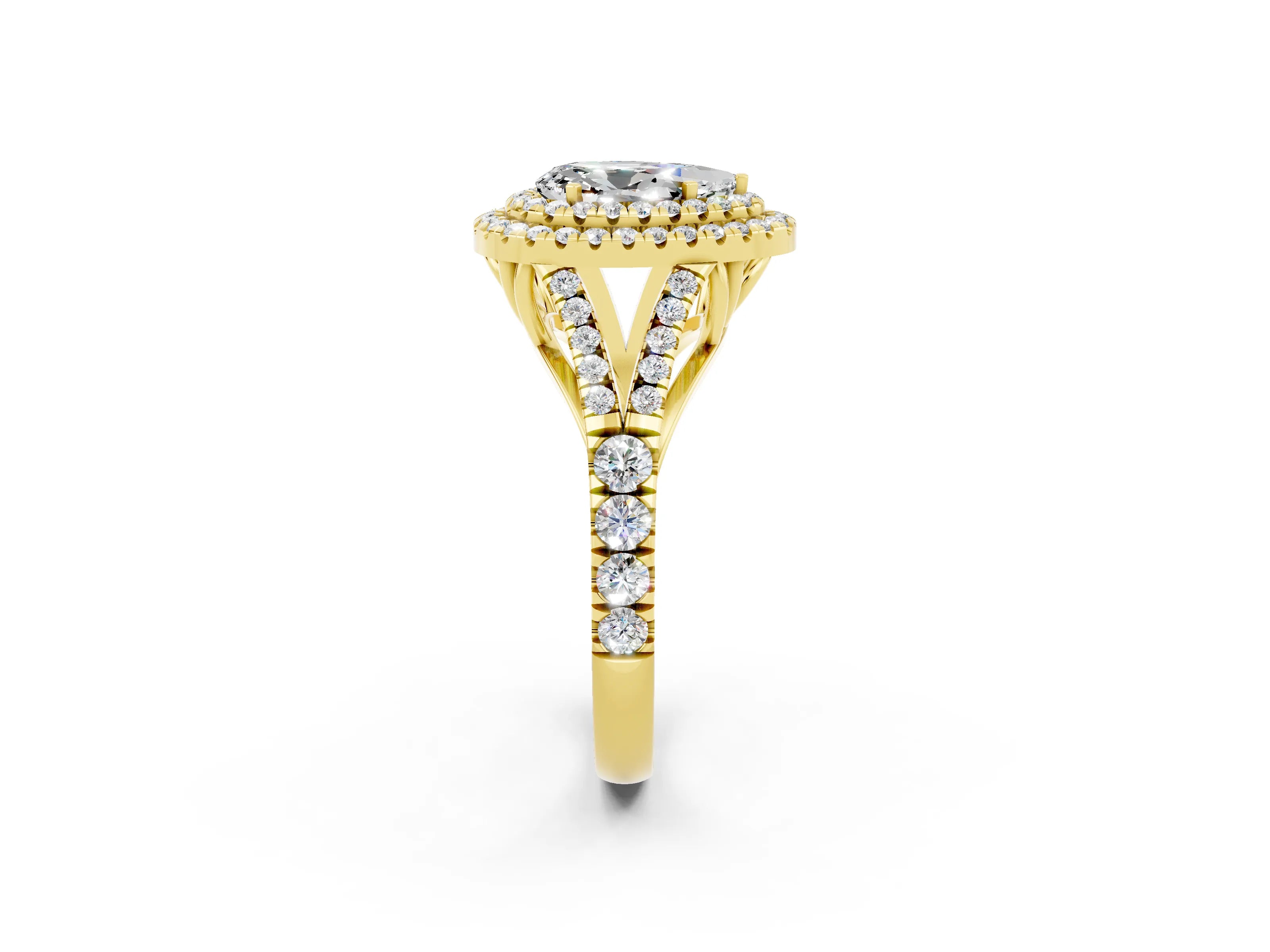 Yellow gold Pear Cut Moissanite Double Halo Ring with Split Shank and Prong Setting_14