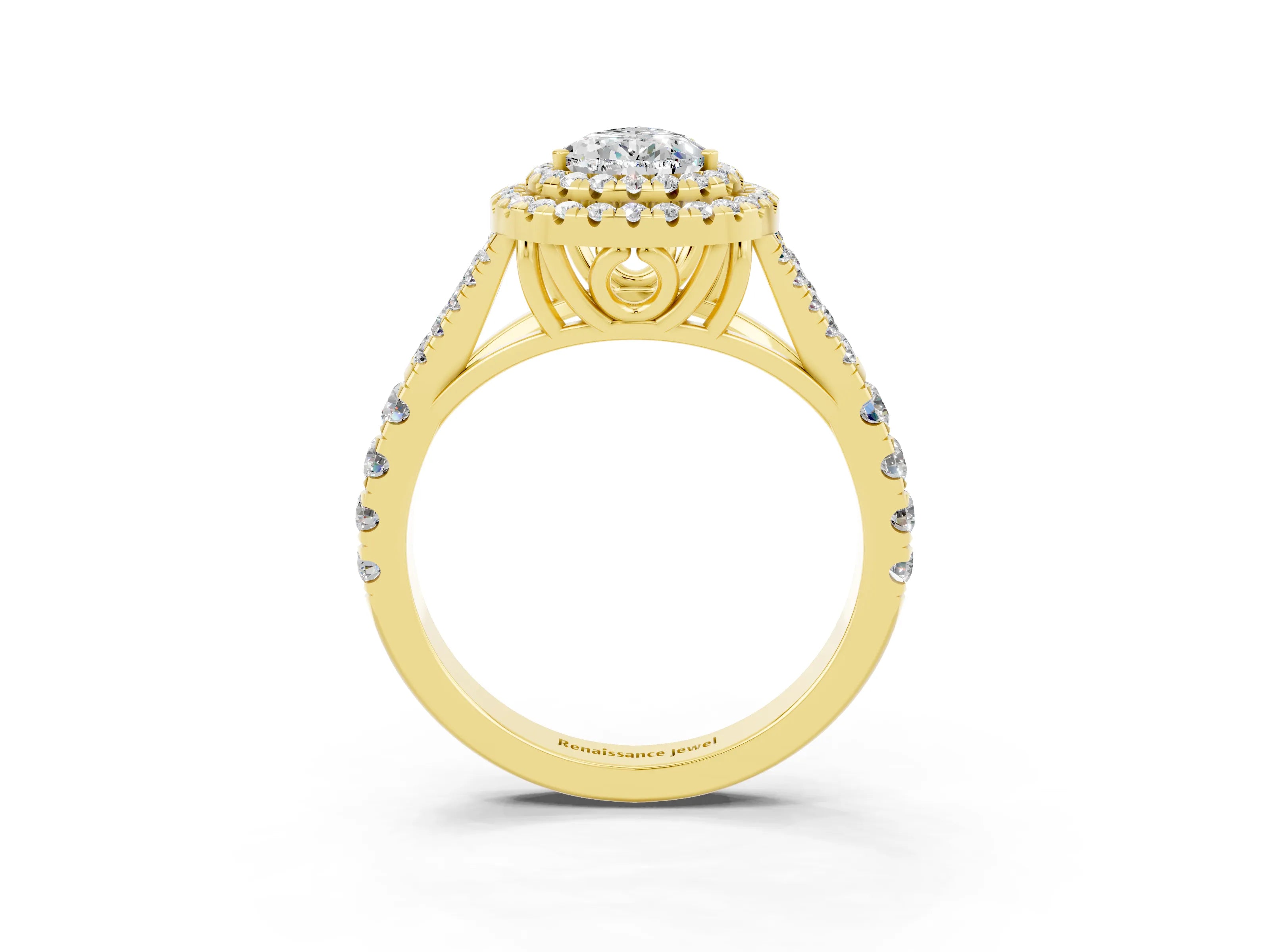 Yellow gold Pear Cut Moissanite Double Halo Ring with Split Shank and Prong Setting_15