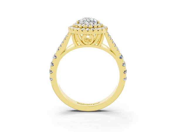 Yellow gold Pear Cut Moissanite Double Halo Ring with Split Shank and Prong Setting