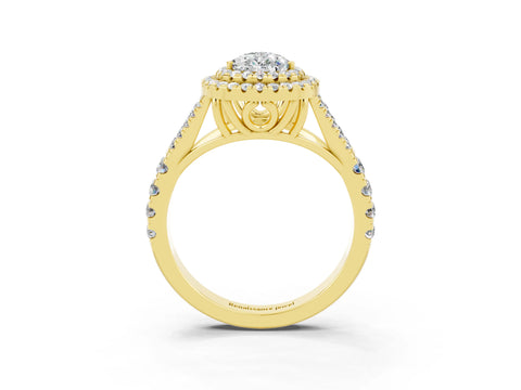 Yellow gold Pear Cut Moissanite Double Halo Ring with Split Shank and Prong Setting_15