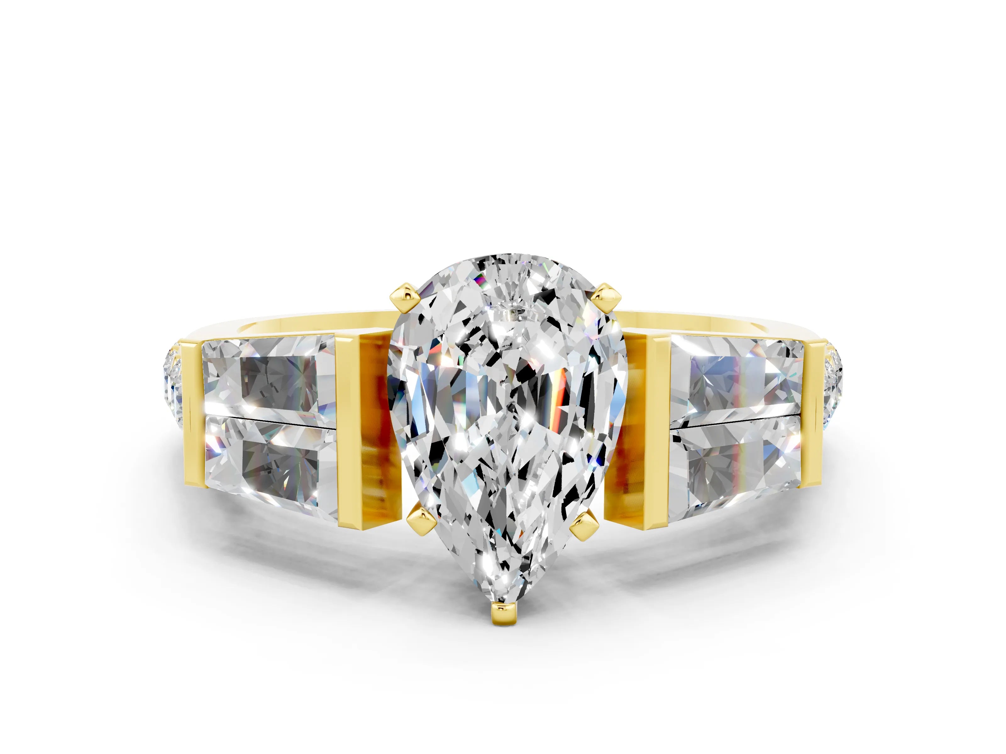 Yellow gold Pear Cut Moissanite Engagement Ring with Baguette Side Stones and Channel Set Band